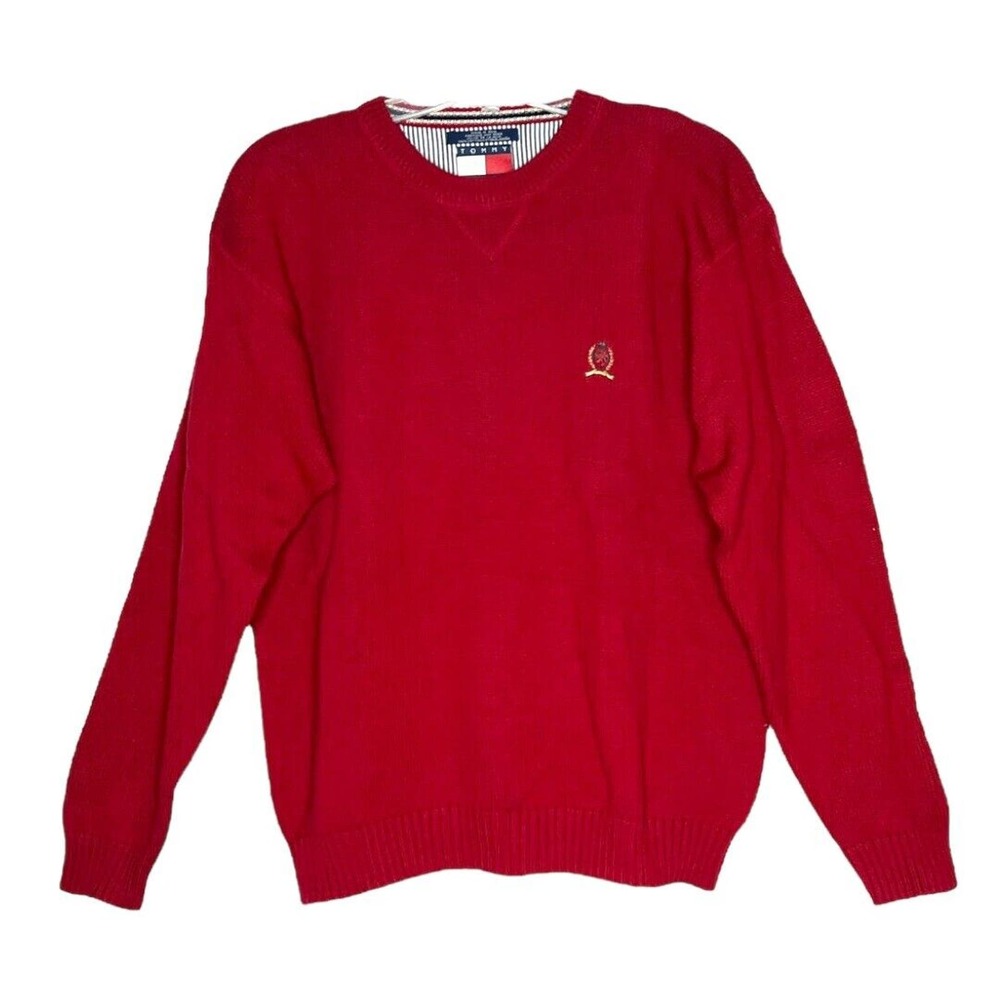 Tommy Hilfiger Sweater Mens XL Red Heavyweight Knit Crest Preppy Classic Vintage